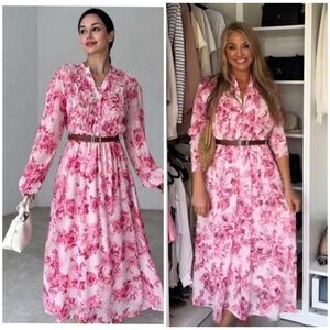 ZARA Floral Printed BELTED MIDI DRESS RUFFLES PINK/WHITE